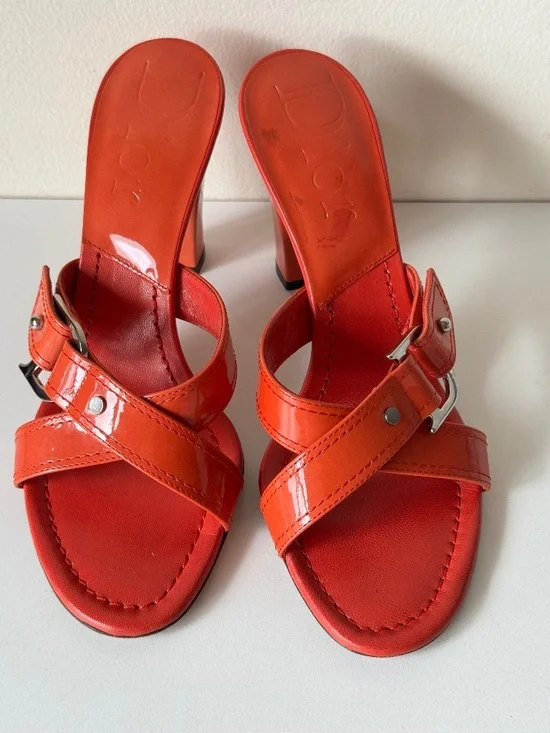 Christian Dior Orange Patent Leather Sandals Mules Sandals Size 36.5 Made Italy - Picture 1 of 16